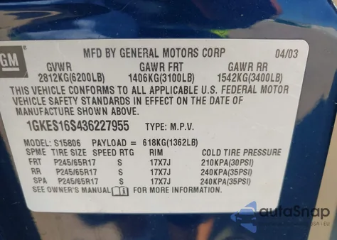 2003 GMC Envoy Xl из США, поврежденный, VIN 1GKES16S436227955